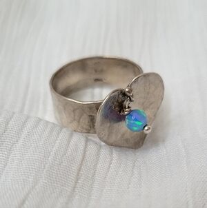Hammered Sterling Silver Heart Ring with Blue-Green Opal Accent Sz7